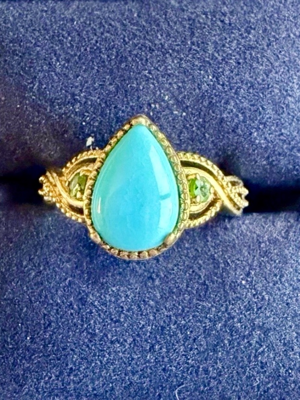 AUSTRO STELLA Gold Vermeil Over .925 Ring Pear Turquoise w/ Demantoid  Gemstones